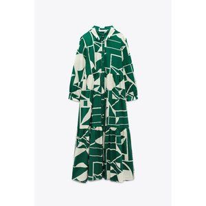 Zara Green and White Geometric Midi Dress